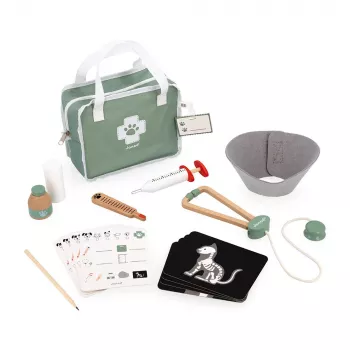 Janod Set veterinario - set di gioco di ruolo da 10 pezzi con strumenti in legno e borsa in tessuto