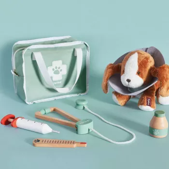Janod Set veterinario - set di gioco di ruolo da 10 pezzi con strumenti in legno e borsa in tessuto