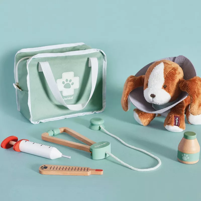 Janod Set veterinario - set di gioco di ruolo da 10 pezzi con strumenti in legno e borsa in tessuto
