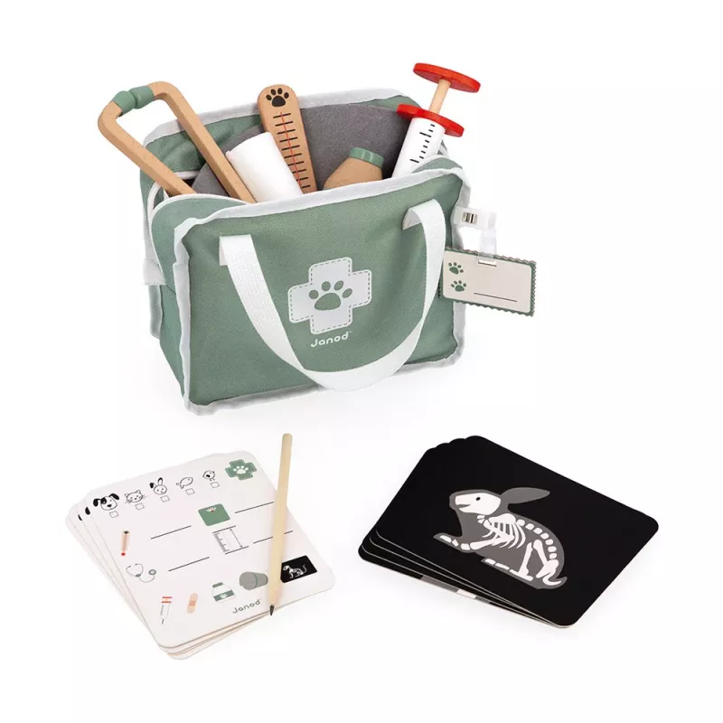 Janod Set veterinario - set di gioco di ruolo da 10 pezzi con strumenti in legno e borsa in tessuto