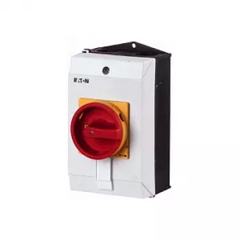 Eaton P1-25/I2/SVB interruttore principale 3 poli, 25 A, 690 V, IP65, maniglia rossa/gialla, montaggio su superficie, funzione arresto di emergenza