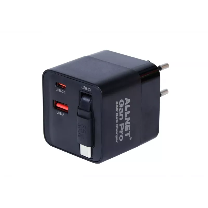 ALLNET alimentatore da parete 65W GaN USB-C PD con Quick Charge 3.0, 2x USB-C e 1x USB-A
