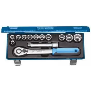 GEDORE set di bussole metriche con attacco 1/2 inch, 13 pezzi, 6 lati, 10-32 mm, con cricchetto, prolunghe e giunto cardanico, in cassetta d'acciaio