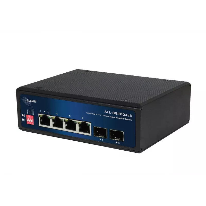 ALLNET ALL-SGI8104v3 switch industrial unmanaged Layer 2, 6 porte GbE, 4x GbE RJ45, 2x SFP, senza ventola, IP40
