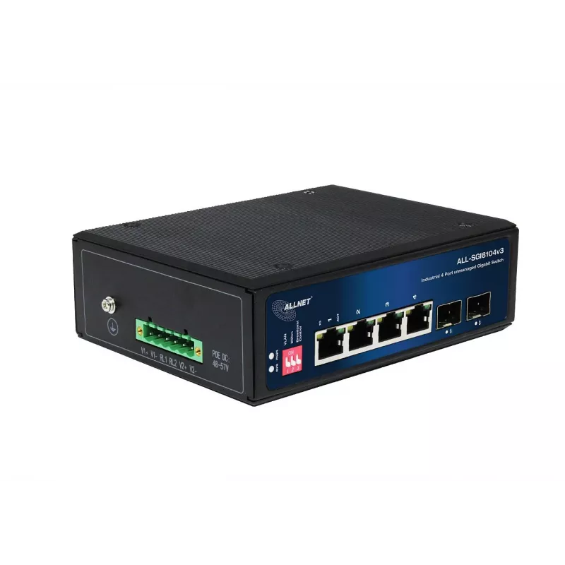 ALLNET ALL-SGI8104v3 switch industrial unmanaged Layer 2, 6 porte GbE, 4x GbE RJ45, 2x SFP, senza ventola, IP40