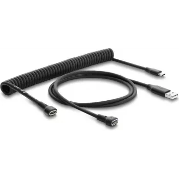 Set adattatori Delock cavo spiralato magnetico USB 2.0 Type-A connettore maschio su Pogo 4 pin connettore maschio + USB Type-C connettore maschio su Pogo 4 pin connettore femmina nero 1,5 m