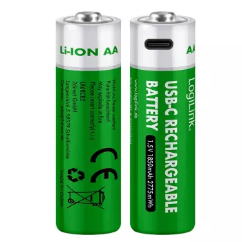 LogiLink LR6RCB2 batterie ricaricabili AA USB-C agli ioni di litio, confezione da 2, 1,5 V tensione di uscita costante, 2600 mWh
