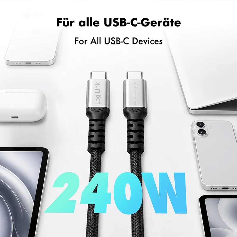 LogiLink cavo USB 2.0 Type-C, C/M su C/M, 480 Mbps, 240W, nylon, metallo, nero/argento, 2 m