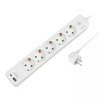 Ciabatta LogiLink LPS280U, 5 prese AC, 2 porte USB (USB-A e USB-C), 17W, bianco