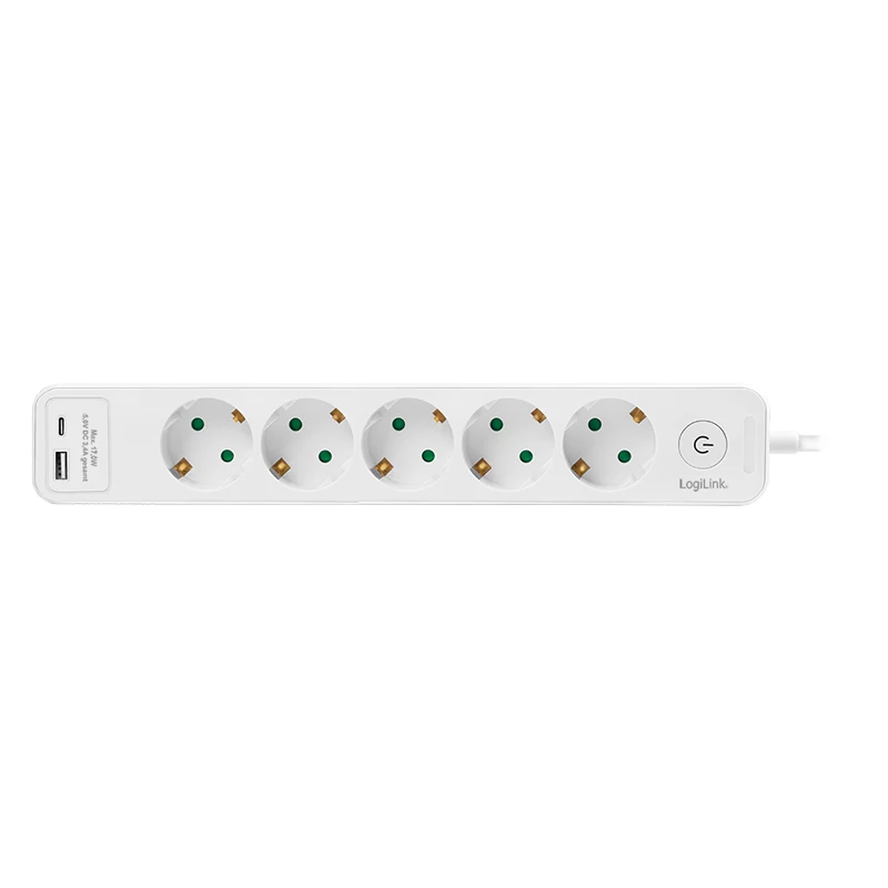 Ciabatta LogiLink LPS280U, 5 prese AC, 2 porte USB (USB-A e USB-C), 17W, bianco