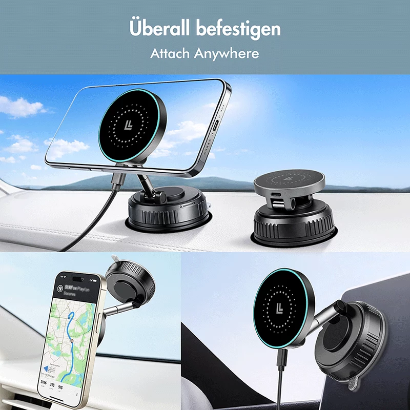 Caricabatterie auto wireless LogiLink, magnete a vuoto, pieghevole a 360°, 25W