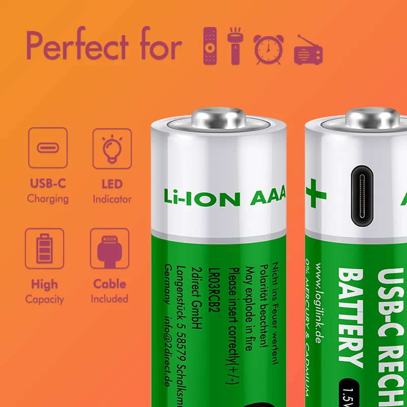 LogiLink LR03RCB2 batterie AAA Li-Ion ricaricabili USB-C, 1,5V, confezione da 2