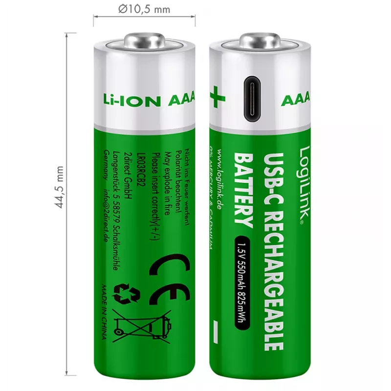LogiLink LR03RCB2 batterie AAA Li-Ion ricaricabili USB-C, 1,5V, confezione da 2