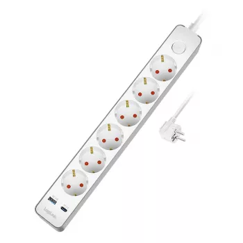 LogiLink ciabatta con 6 prese di sicurezza, USB-A e USB-C PD 20W, interruttore a bilanciere, 1,5 m, bianco