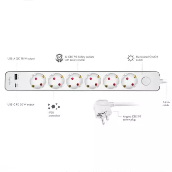 LogiLink ciabatta con 6 prese di sicurezza, USB-A e USB-C PD 20W, interruttore a bilanciere, 1,5 m, bianco