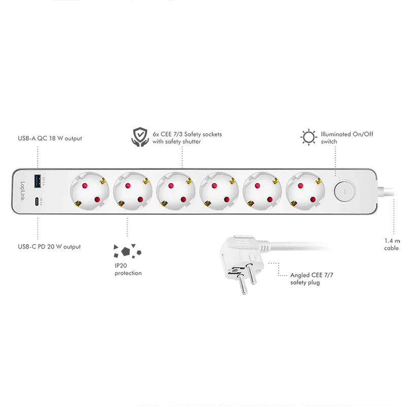 LogiLink ciabatta con 6 prese di sicurezza, USB-A e USB-C PD 20W, interruttore a bilanciere, 1,5 m, bianco