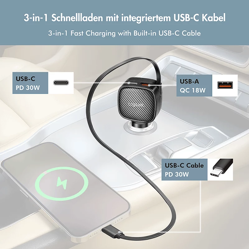LogiLink caricabatterie USB da auto, 3 porte incl. cavo USB-C retrattile, 60W, PD, QC, nero