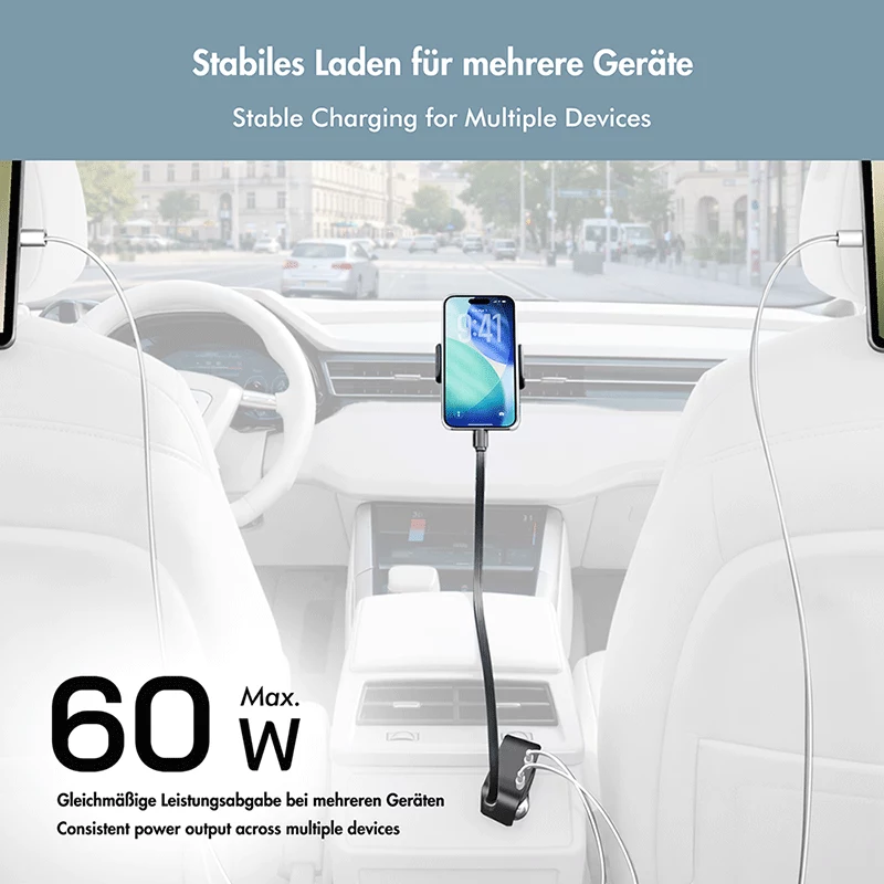 LogiLink caricabatterie USB da auto, 3 porte incl. cavo USB-C retrattile, 60W, PD, QC, nero