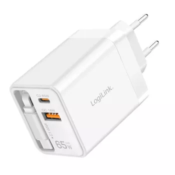 LogiLink caricabatterie USB-A/C 65 W GaN 3 porte bianco con cavo USB-C