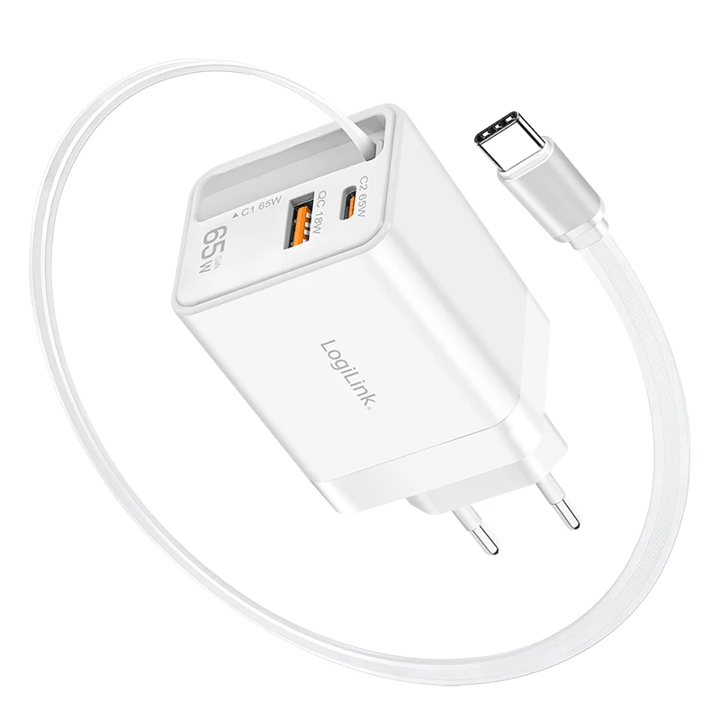 LogiLink caricabatterie USB-A/C 65 W GaN 3 porte bianco con cavo USB-C