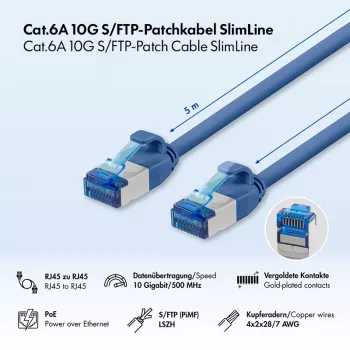 LogiLink Cat.6A Slim S/FTP LSZH cavo patch, blu, 5 m, SlimLine