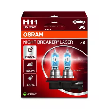OSRAM NIGHT BREAKER LASER H11 lampada alogena doppio pack 12V 55W PGJ19-2, fino al 150% più luminosa, fascio luminoso 150m più lungo, 3900K