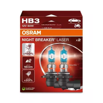 OSRAM Night Breaker Laser HB3 12V 60W P20d lampada alogena, confezione doppia, fino al 150% più luminosa, fascio luminoso più lungo di 150m, luce 20% più bianca