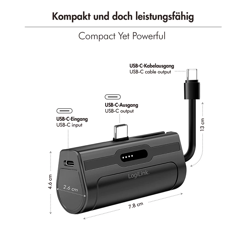 LogiLink power bank mobile, LiPo, 4500 mAh, connettore USB-C integrato, nero