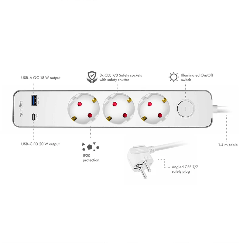 LogiLink LPS287U ciabatta con 3 prese di sicurezza, USB-A e USB-C PD 20W, interruttore a bilanciere, cavo 1,5m, bianca