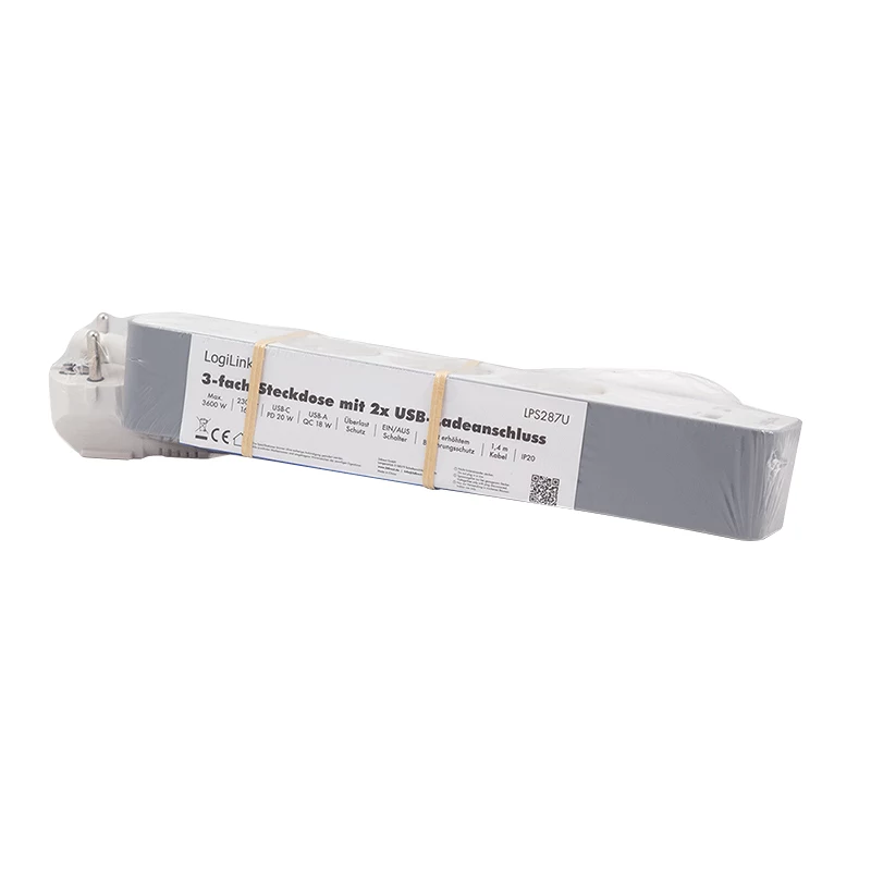 LogiLink LPS287U ciabatta con 3 prese di sicurezza, USB-A e USB-C PD 20W, interruttore a bilanciere, cavo 1,5m, bianca