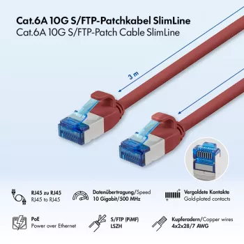 Cavo patch LogiLink SlimLine Cat.6A S/FTP LSZH, rosso, 3 m, 10Gbps