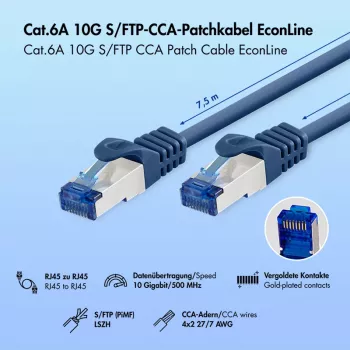 Cavo patch LogiLink EconLine Cat.6A S/FTP LSZH, CCA, blu, 7,5 m