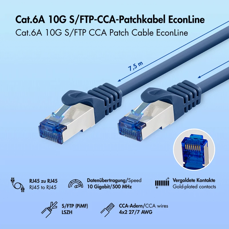 Cavo patch LogiLink EconLine Cat.6A S/FTP LSZH, CCA, blu, 7,5 m