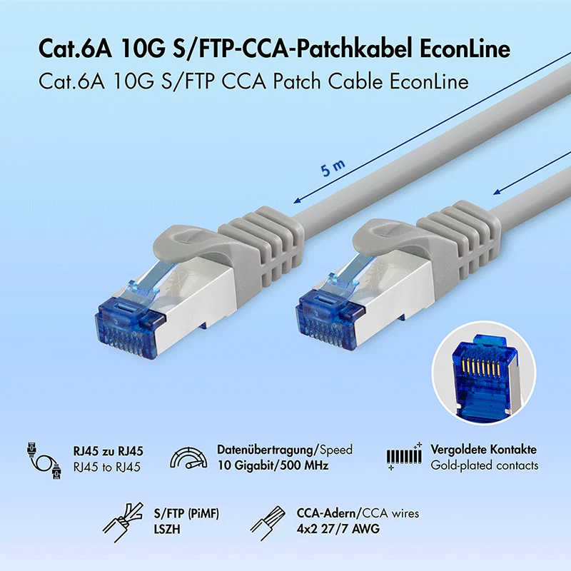 Cavo patch LogiLink Cat.6A CCA S/FTP LSZH, grigio, 5 m, EconLine