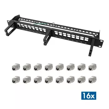 LOGILINK Patch panel modulare 16 porte Cat.6A Keystone, 19/1U, con 3 anelli per cavi, nero