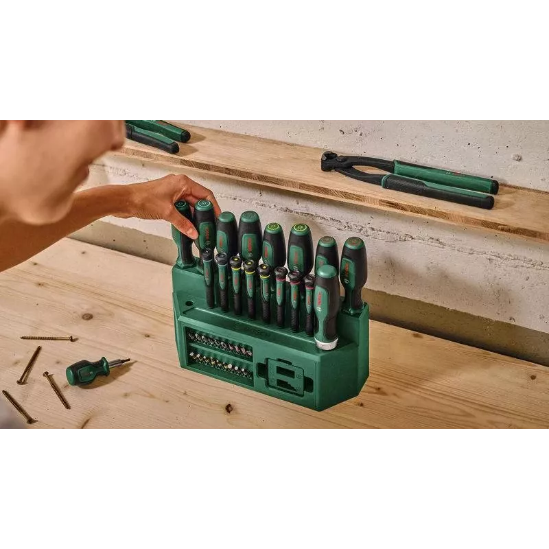 BOSCH set misto di cacciaviti 39 pezzi con supporto, verde/nero