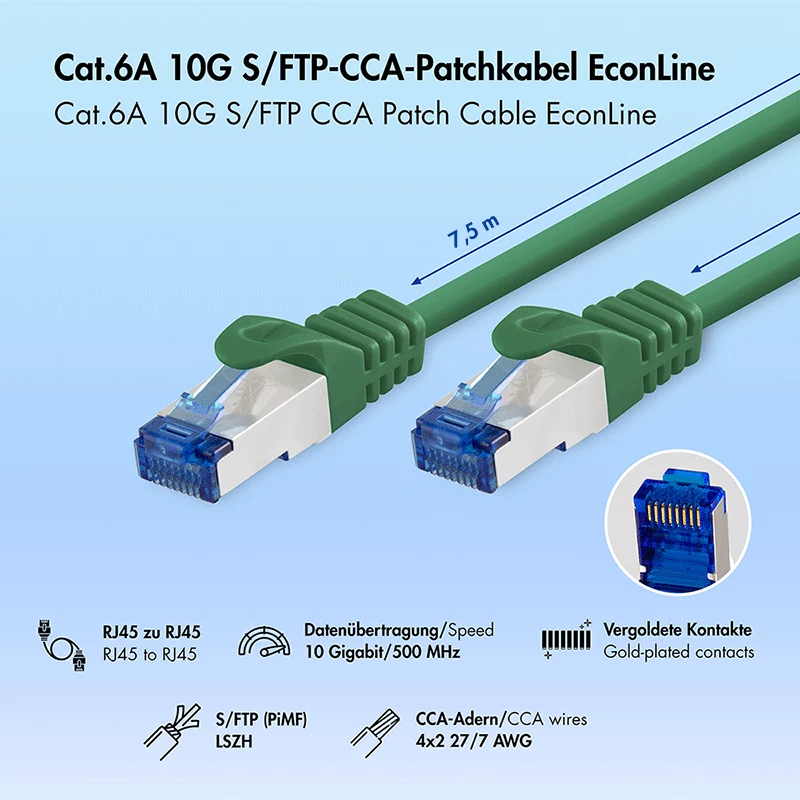 LogiLink Cavo Patch Cat.6A S/FTP LSZH, CCA, 7,5 m, Verde, EconLine