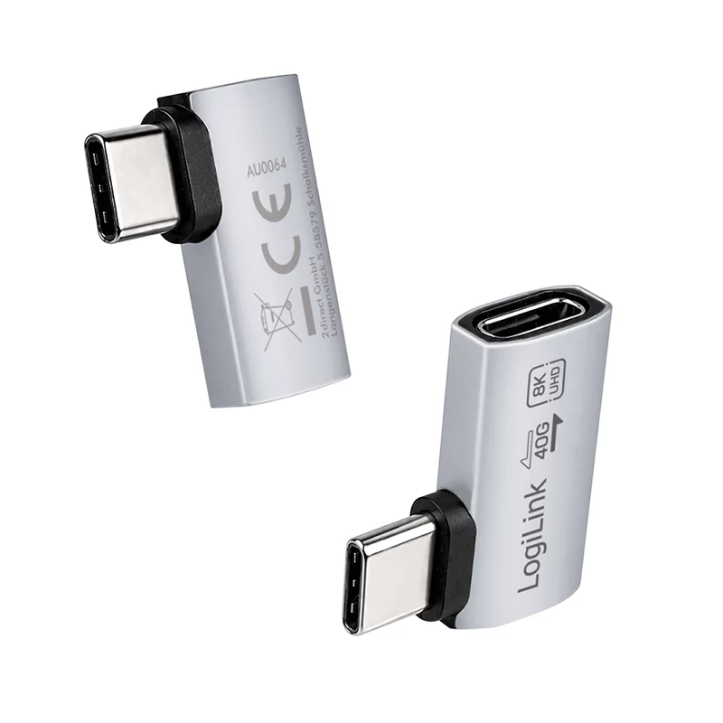 LogiLink USB4 Type-C adattatore 90°, C/M a C/F, 40 Gbit/s, 240W, 8K/60Hz, alluminio, argento