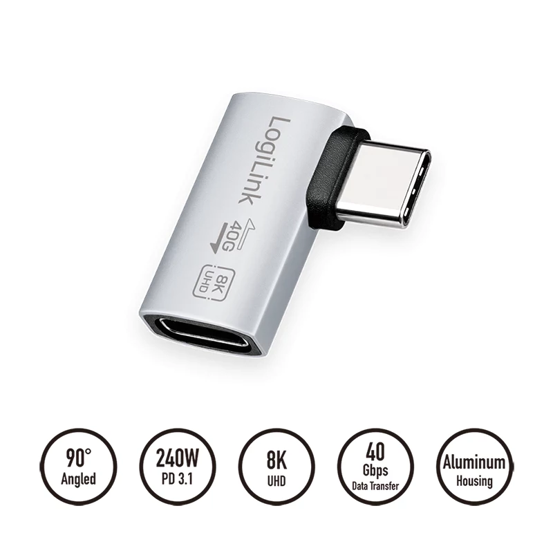 LogiLink USB4 Type-C adattatore 90°, C/M a C/F, 40 Gbit/s, 240W, 8K/60Hz, alluminio, argento