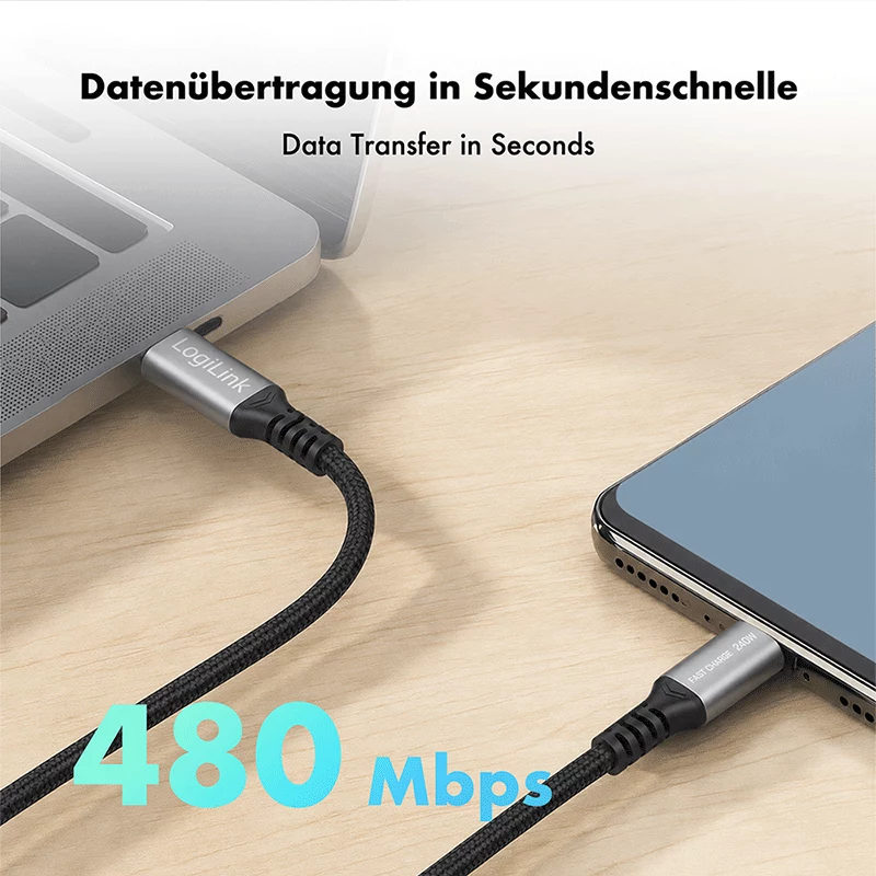 LogiLink USB 2.0 cavo Type-C a Type-C, 240W PD, 480 Mbps, nylon intrecciato, connettori in metallo, nero/argento, 1 m