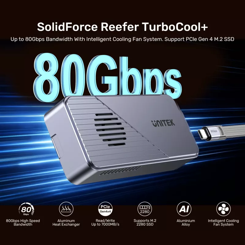 UNITEK case USB4 M.2 NVMe SSD con raffreddamento attivo, 80Gbps, senza attrezzi, alluminio, USB-C