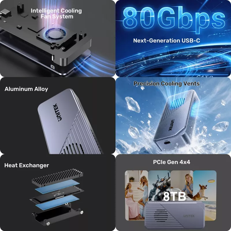 UNITEK case USB4 M.2 NVMe SSD con raffreddamento attivo, 80Gbps, senza attrezzi, alluminio, USB-C