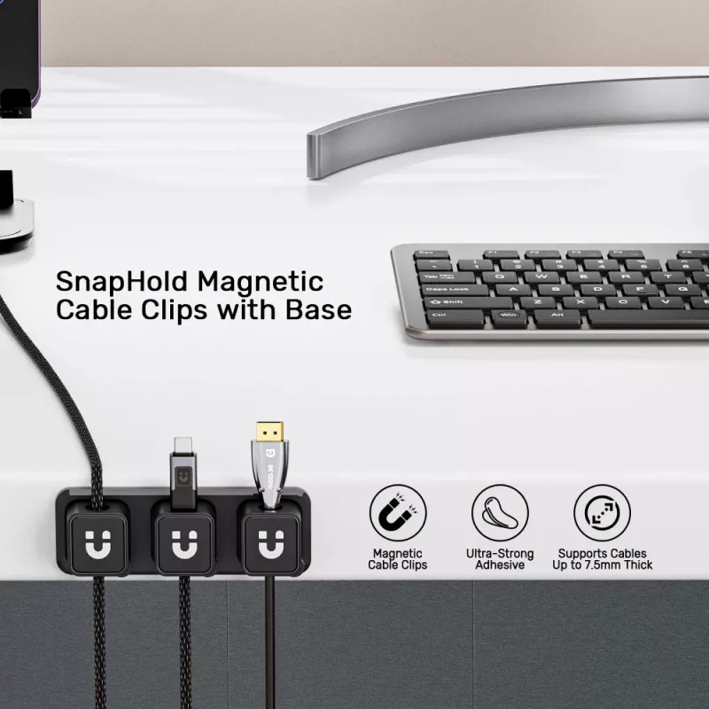 UNITEK SnapHold organizzatore magnetico per cavi da scrivania (set da 3+1), nero