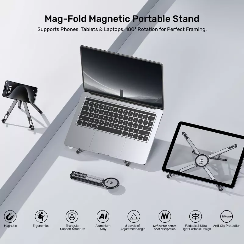 UNITEK Mag-Fold supporto magnetico pieghevole per telefono, tablet e laptop con funzione treppiede, Grigio Siderale