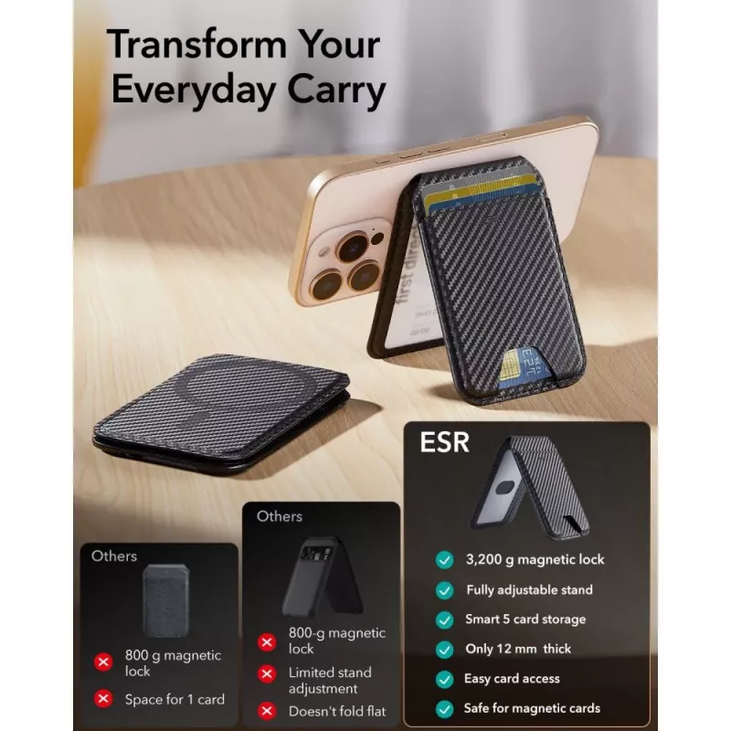 ESR Classic RFID Magnetic Wallet Stand compatibile MagSafe, Carbon Fiber nero