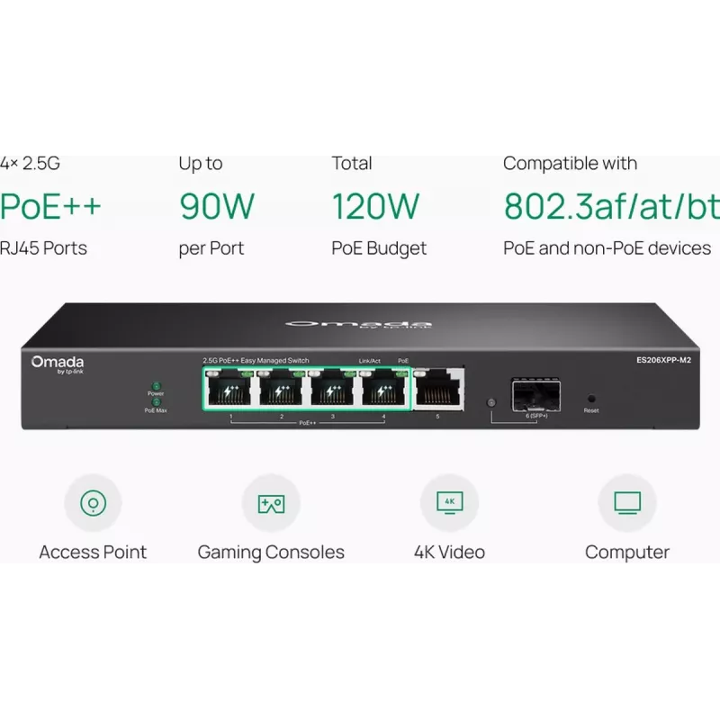 TP-Link Omada Easy Managed switch 5 porte 2.5G PoE++ con uplink 10G SFP+ (ES206XPP-M2)