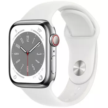 Apple Watch Series 8 GPS + Cellular 41mm cassa in acciaio inossidabile con Sport Band, argento/bianco (MNJ53EL/A)