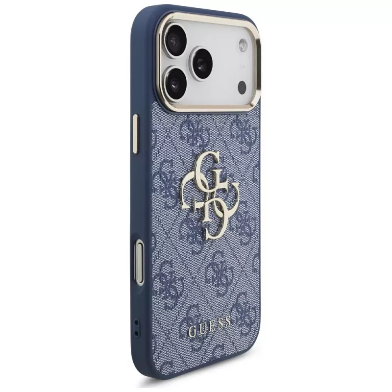 Custodia Guess 4G Big Classic Logo per iPhone 18 Pro Max / 17 Pro Max, blu e oro
