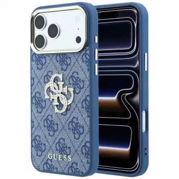 Custodia rigida GUESS 4G & Big Strass Logo per iPhone 18 Pro / 17 Pro - blu