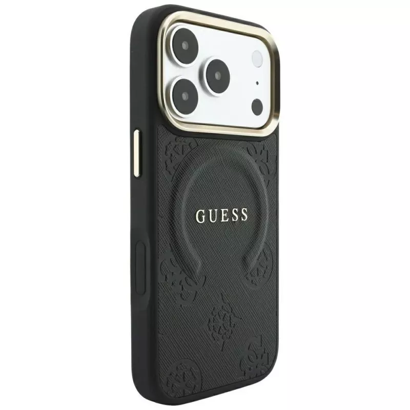 Custodia MagSafe GUESS Saffiano Peony & Ring per iPhone 18 Pro / 17 Pro - nero